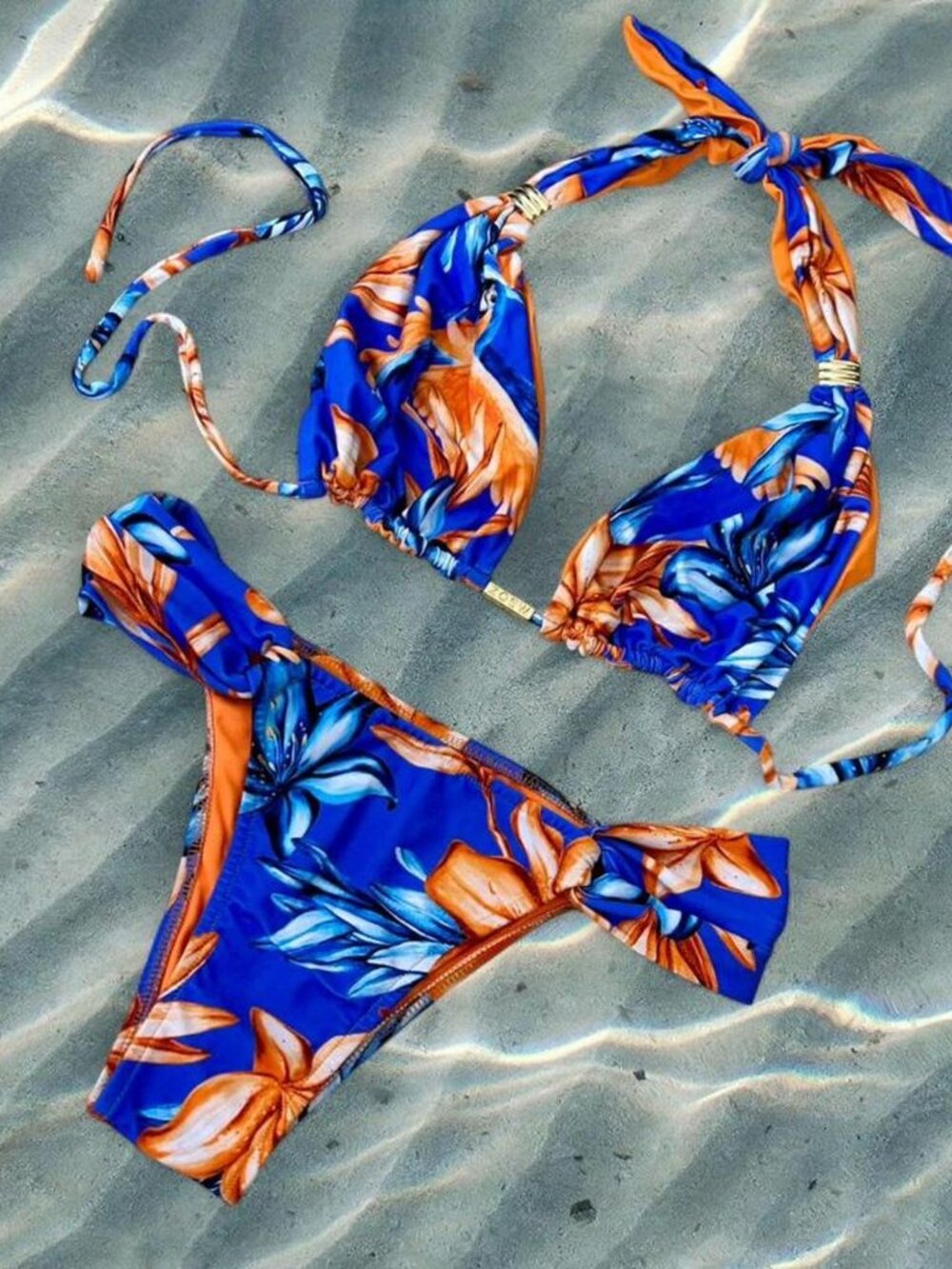 ZOEY W bright blue & orange floral Hawaiian tropical gold hardware bikini set ⭐️
